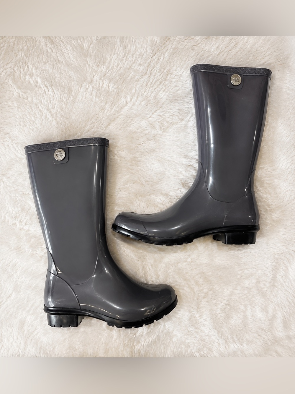 UGG Sienna Rain Boots Women Grey Good Waterproof Glossy Sherpa Lined